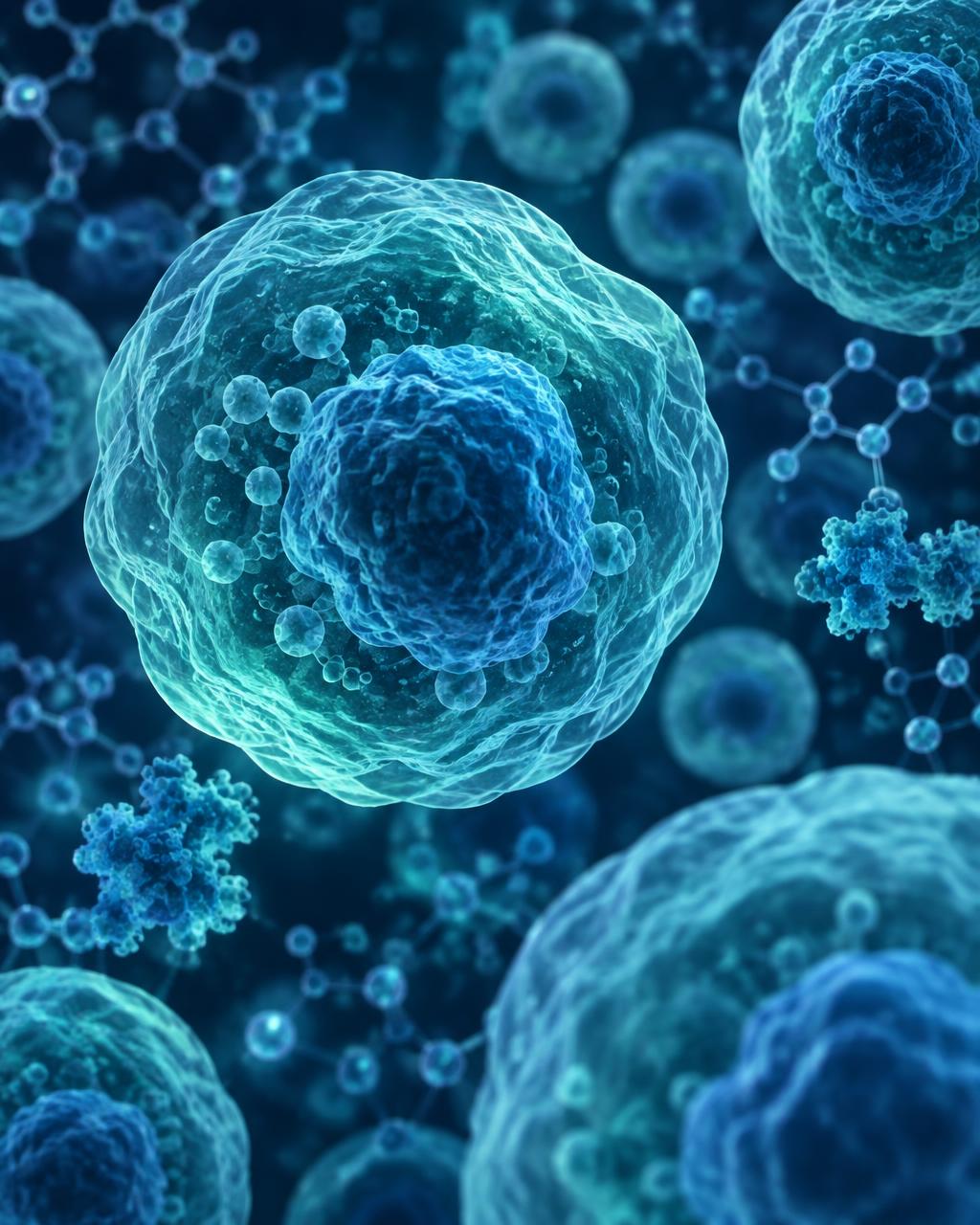 Abstract illustration of cellular structures and molecular networks